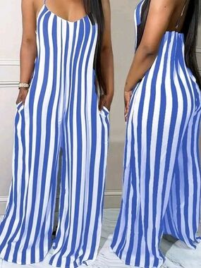 Women’s Blue & White Striped Wide-Leg Jumpsuit